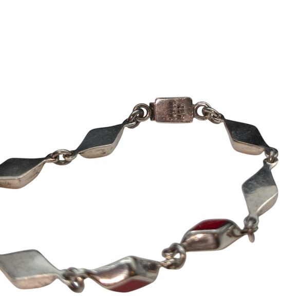 925 Sterling Silver Mexico Red Coral Inlay Diamond Shape Link Box Clasp Bracelet - Picture 5 of 7